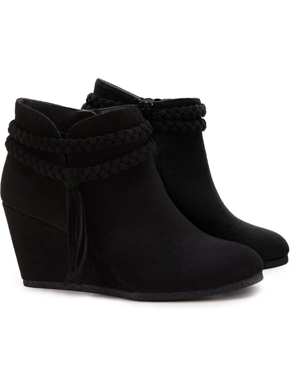 Women's Black Suede Wedge Ankle Boots Braided Fringe Strap Western Heel Booties